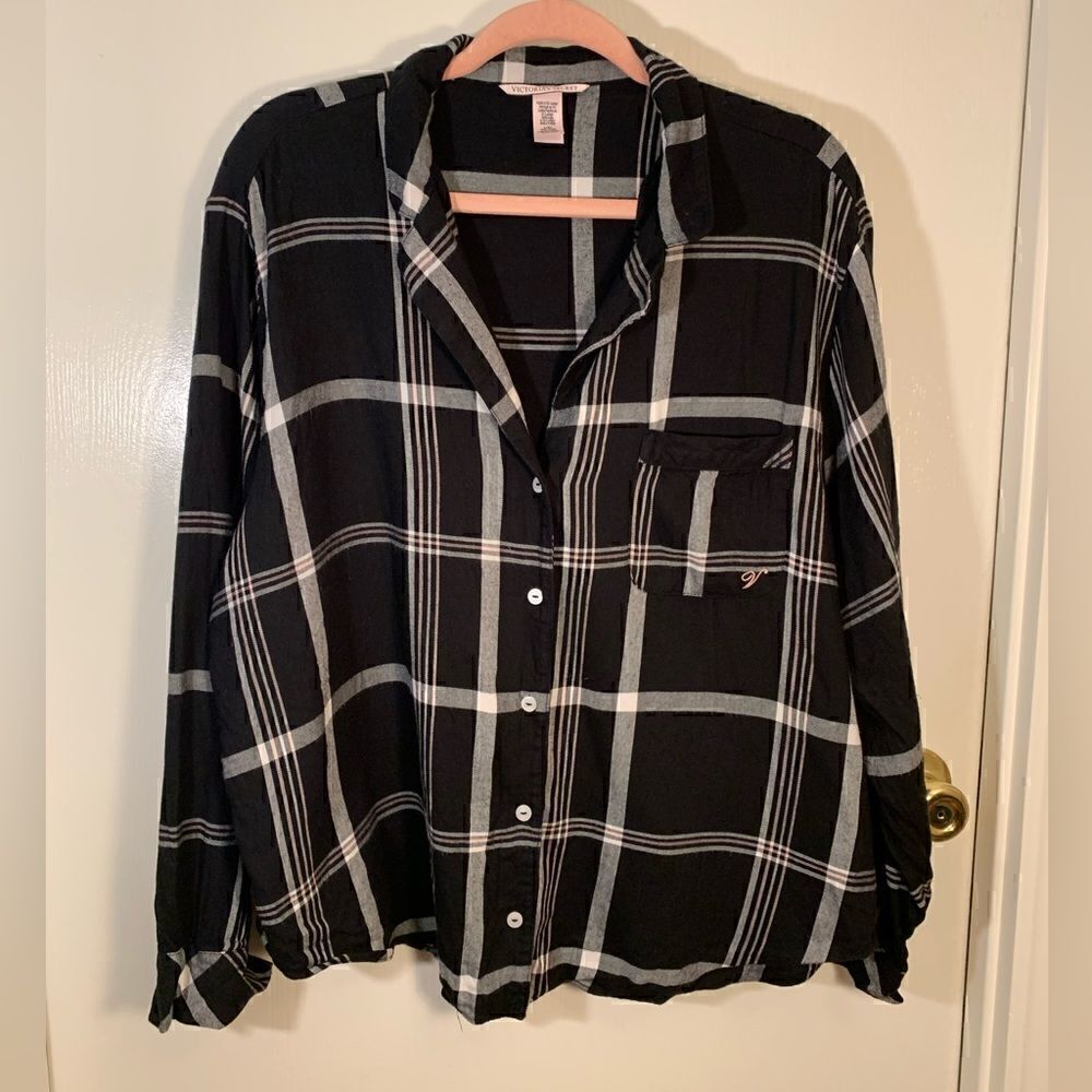Victorias Secret black/white/pink plaid flannel long sleeve sleep top Size Large